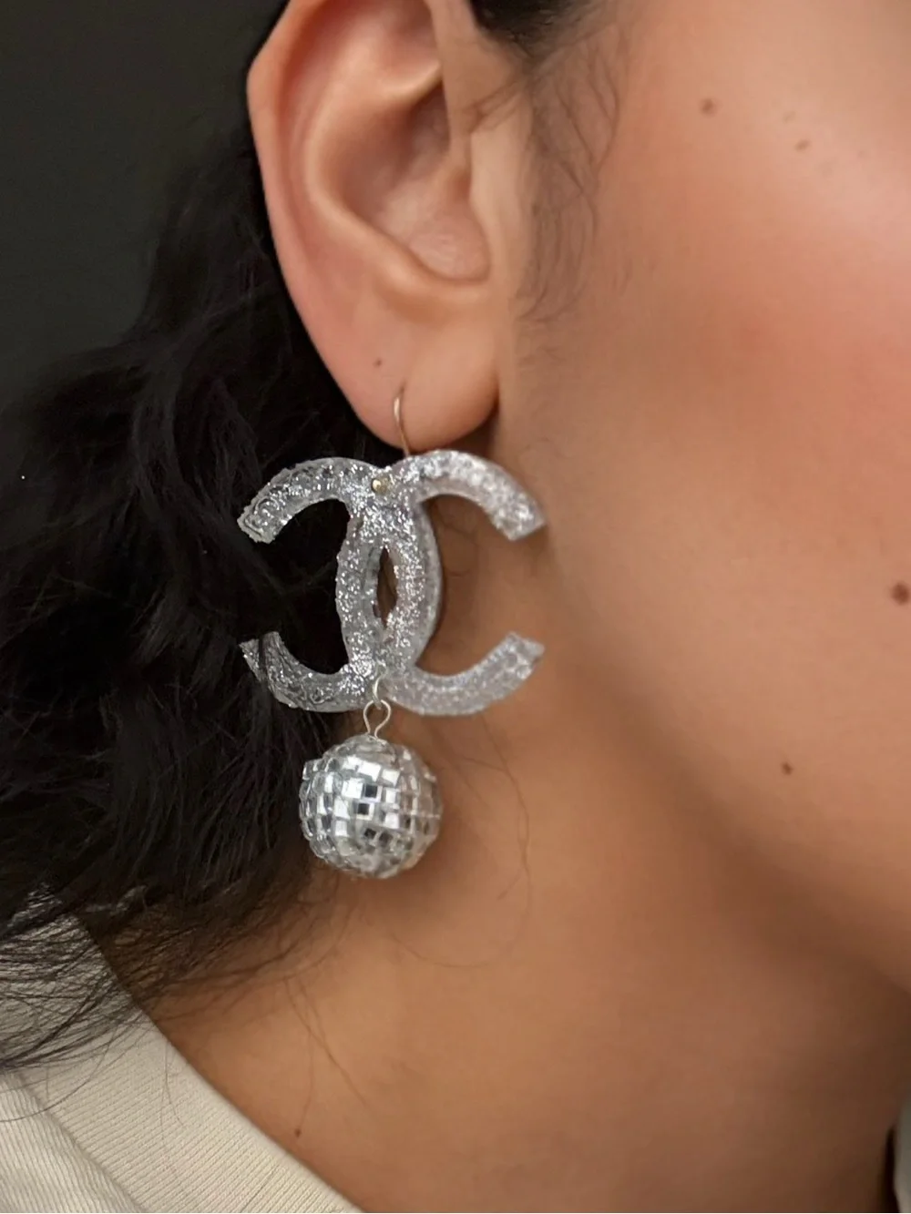 Silver Crystal CC Drop Earrings with Disco Ball Charm